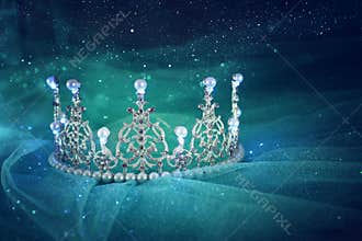 Vintage tulle mint chiffon dress and diamond tiara with glowing pearls. Wedding concept