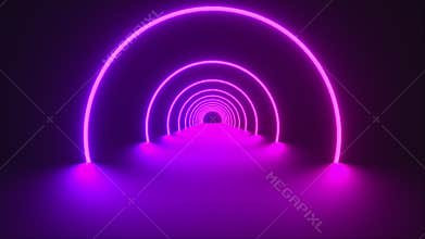 3d render of circle neon tunnel. Ultraviolet abstract background from round arcade. Computer generated a virtual reality