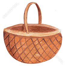 Wooden basket isolated on white background. Watercolor gouache hand drawn illustration in cartoon style