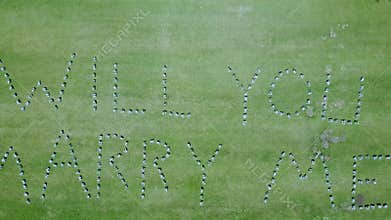 Marriage proposal in flowers on green lawn, seen from aerial drone birdseye view