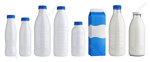 Packaging for dairy products, plastic and glass bottles for milk isolated on white background