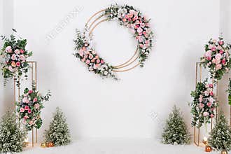 White Beautiful Floral Pattern Wedding Backdrop Background. Wedding Ceremony, Marriage, Celebration, Reception, Special Occasion