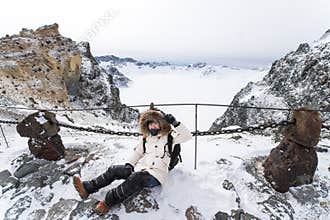 The hiker at the summit of Changbai mountain scenery, Jilin, China