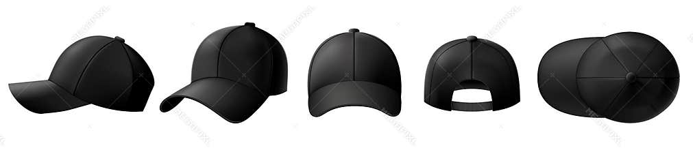 Black cap mockup. Baseball caps, sport hat template and realistic 3D top view cap vector illustration set