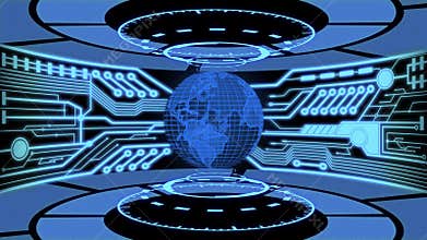 3D Digital Earth Sphere with Futuristic Digital HUD in High Tech Laboratory and Digital Circuit Board Background