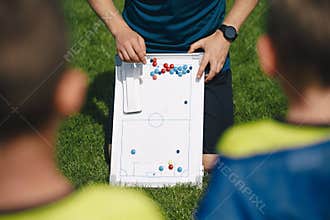Sports junior team coach explaining soccer stratego for the game on training session
