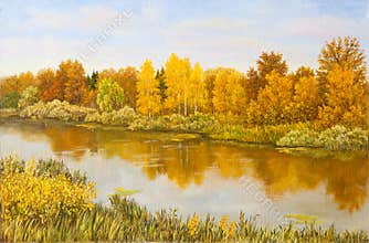 Rural landscape in Russia. Calm autumn river with reflection in water of cloudy sky and golden, orange, green grass and