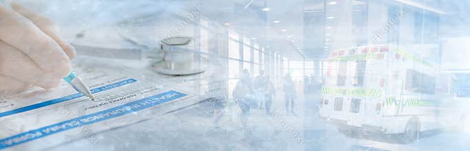 Ambulance Health insurance Abstract Banner in blue at hospital