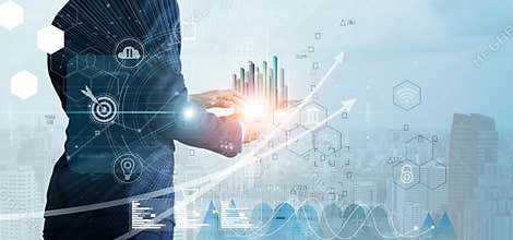 Businessman using tablet analyzing sales data and economic growth graph chart. Business strategy. Abstract icon. Digital marketing