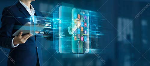 Businessman holding tablet with touching icon digital marketing  global network conncetion and analyzing business sales data