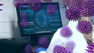 Animation of purple corona virus with scientist in background