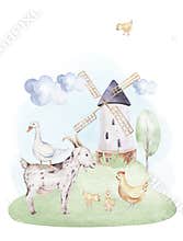 Farms animal set. Cute domestic farm pets watercolor illustration. horse. goose. pig. goat. chicken. sheep. cow