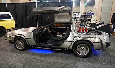 Philadelphia, Pennsylvania, U.S.A - February 9, 2020 - The silver DMC DeLorean car used in the Back To The Future movie