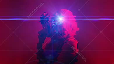 Girl with blaster in the futuristic battle. Concept virtual reality, cyber game.