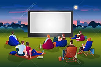 Open-air cinema vector illustration. People watching movie in night city park. Film festival and presentation concept