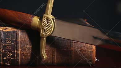 One hundred fifty year old bible with sword