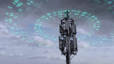 Aerial view of the telecommunication tower transmitting digits signals of cellular mobile 5g 4g 3g. Simulated radio waves.