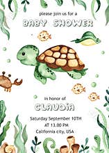 Watercolor baby shower with underwater creatures, sea turtle, fish, algae