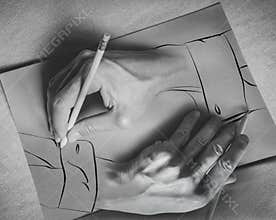 Drawing hands. Two hands draw each other with a pencil on a sheet. Photography and illustration. 3d effect