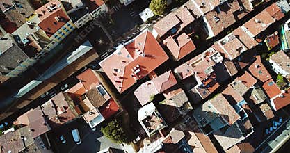 Aerial footage of Antibes, France, Cote D Azur. Beautiful sunny day in Mediterranean Sea. Old castle and sea. Roofs and