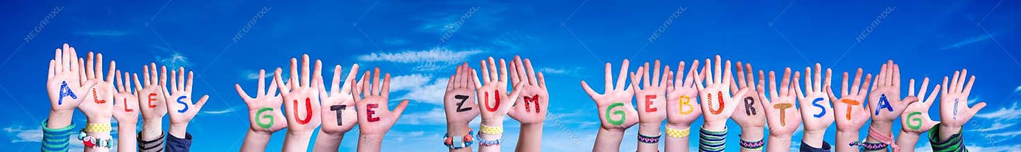 Children Hands Building Word Geburtstag Means Happy Birthday, Blue Sky