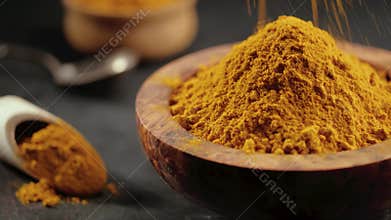Turmeric powder or curcuma powder falling in a wooden bowl