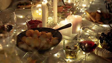Food and drinks on table at home dinner party