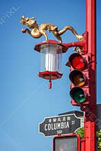 Chinese style street lamp and traffic lights in Chinatown, Vancouver BC Canada