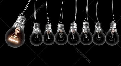 Dark and Shining Light Bulbs with Idea and Innovation Concept