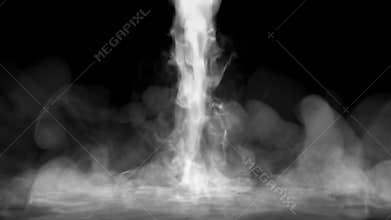 Liquid smoke falling down on surface in colored lights. Dry ice drop spreading on floor