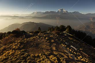 Beautiful view at Poon Hill with Dhaulagiri Peaks in background at sunset. Himalaya Mountains, Nepal