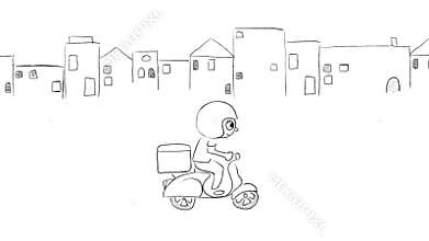 A cartoon delivery man rides a scooter down the street and carries an order in a bag