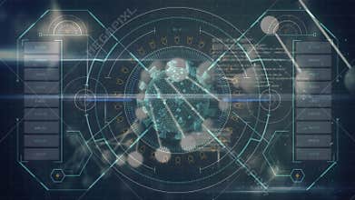 Animation of a computer displaying a macro coronavirus covid-19 cell analyzed with information