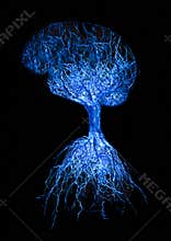 Concept human brain with blue glowing connection made from roots of tree on black background