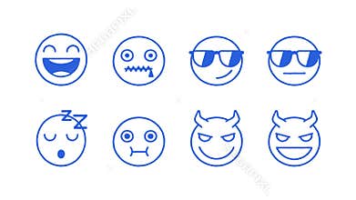Doodle emoticons stickers set laughing cool sleeping sick demon. Transparent background