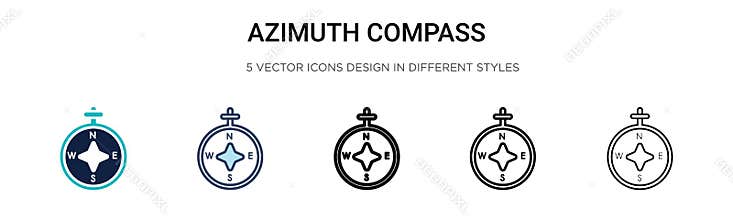 Azimuth compass icon in filled, thin line, outline and stroke style. Vector illustration of two colored and black azimuth compass