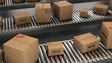 3D delivery paper boxes and cardboxes are moving on conveyor belt for loop