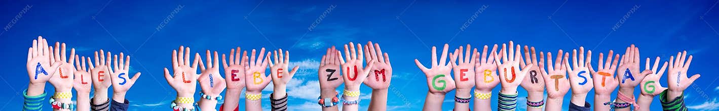 Many Children Hands Building Word Geburtstag Means Happy Birthday, Blue Sky