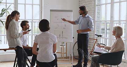 Smart male business trainer conducting educational presentation.