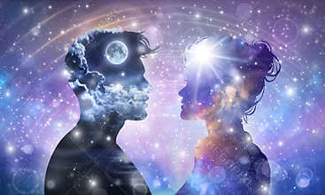 Human male, female bodies, Universe Inspiration Enlightenment Unity consciousness, Yin Yang, twin flames, cosmic lovers