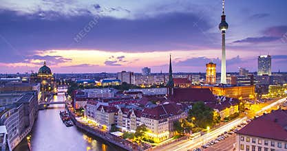 Berlin twilight skyline during sunset time lapse, Germany
