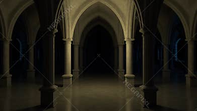 scary church interior with candle light. seamless loop.