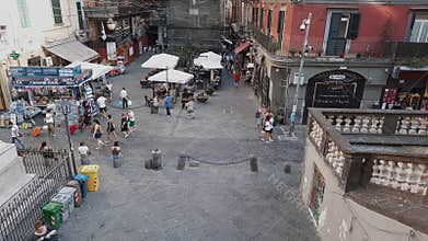 Naples, Italy. August 13th, 2020. View from above of Piazza San Gaetano in the historic center of the city, with a fruit and