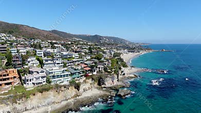 Aerial view of Laguna Beach coastline town wealthy villas on the cliff, California