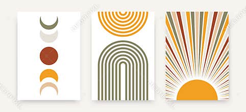 Abstract sun moon poster set. Contemporary minimalist backgrounds modern boho style. Mid century wall decor, vector art print