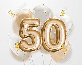 Happy 50th birthday gold foil balloon greeting background.