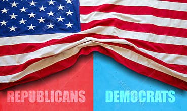 Republicans, Democrats text on red and blue color background. USA elections choice