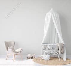 Mock Up wall In farmhouse design in baby room, nursery mockup, Scandinavian Style