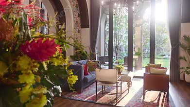Interior of Common Area in a Hotel with Shining Sun Beams on Background