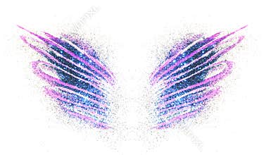 Blue glitter on abstract purple watercolor wings on white background